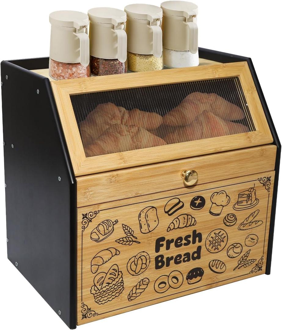 Upgraded read Box for Kitchen Countertop, Double Layer Bread Storage Container, Wooden Bread Storage Bin, Bread Boxes for Kitchen Counter Corner, Cabinet, Pantry, Cupboard (Black)