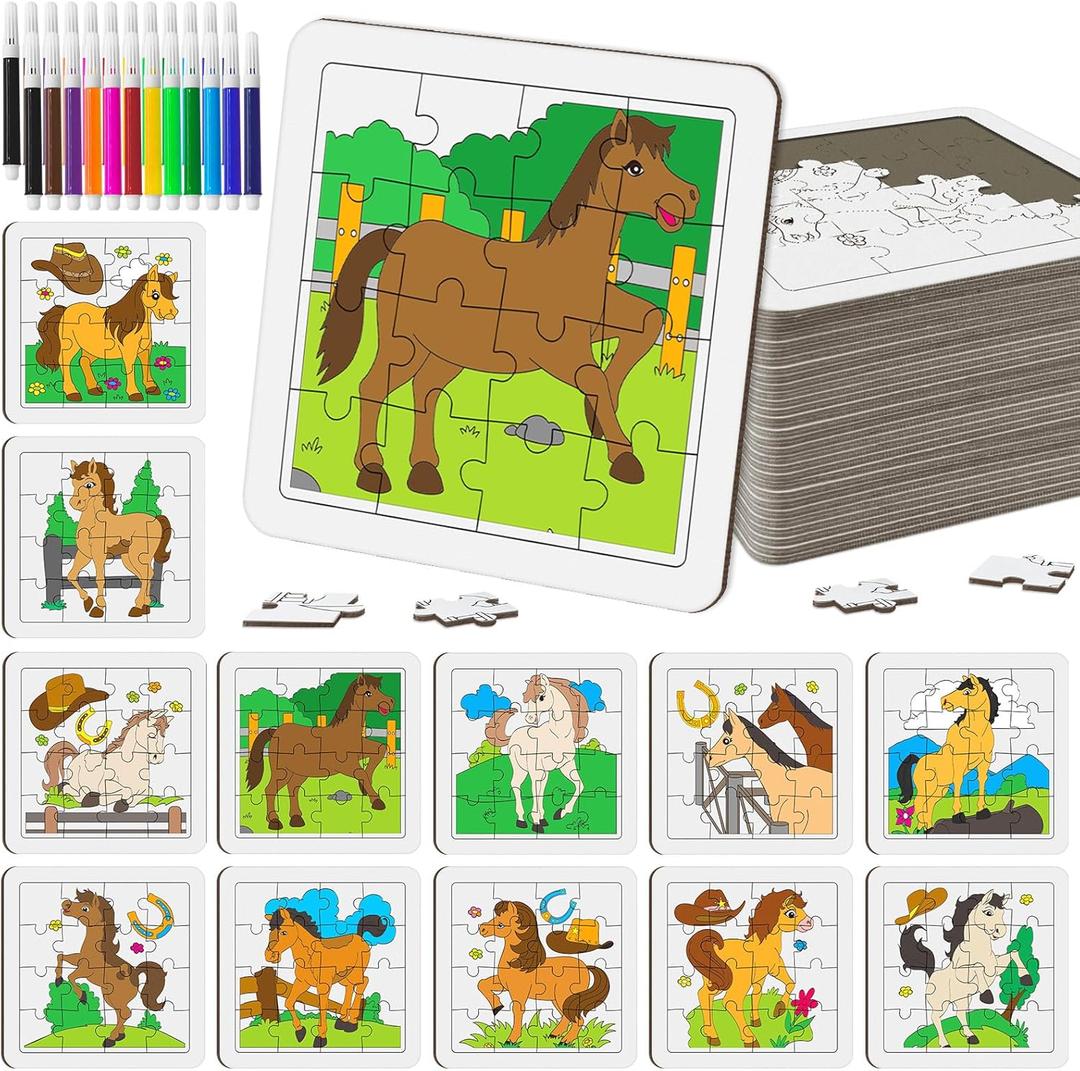 24 Pcs Horse Coloring Jigsaw Craft Kit for Kids, DIY Farm Pony Activity Set Bulk with 12 Designs, Rodeo Birthday Party Favors, Classroom Art Projects, Western Theme Supplies