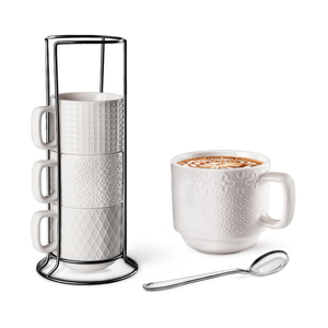 SPIPER Large Coffee Mug Set of 3 with Stand and Spoons – 14oz Heavy Duty Ceramic Cups for Breakfast Coffee, Hot Drinks, Cocoa – Microwave & Dishwasher Safe – Big Porcelain Mugs Gift for Home Use