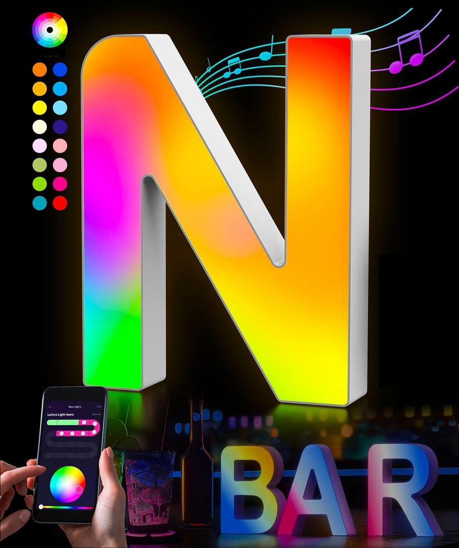 Letter Rainbow Lights Neon Signs - Letters Custom Splicing Gifts Name Logo Music Sync Color Changing Letters Lights Neon Sign Christmas Wedding Home Bar for Wall Decor Letter Lights(N)