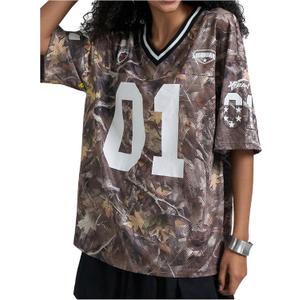 RoseSeek Women's Number Print Mesh Oversized Jersey Shirts Striped Trim Half Sleeve Baggy Camo Graphic Tees (Large, Multicolor)