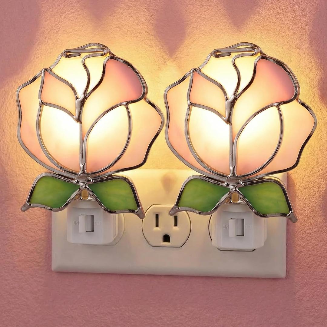 Baquler 2 Pcs Stained Glass Pink Rose Night Light Plug into Wall, Pink Floral Spring Flower Light Decor for Home Bedroom Bathroom Kitchen Hallway Valentine's Mother's Day Easter Decoration