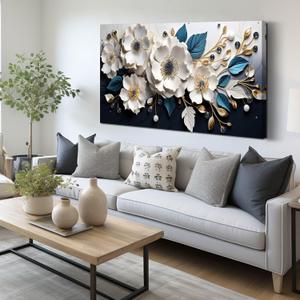 Large Canvas Wall Art for Living Room Bedroom Home Office White and Blue Floral Wall Art Botanical Picture Modern Framed Artwork Canvas Prints 24x48 In