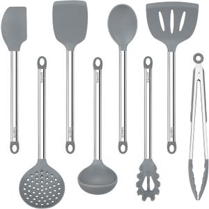 8 PCS Cooking Utensils Set, Vayvnt Silicone Kitchen Spatula Set for Cooking, Non Toxic Silicone Kitchen Utensils with Stainless Steel Long Handle, Spoon and Tong, Heat Resistant&Dishwasher Safe, Gray