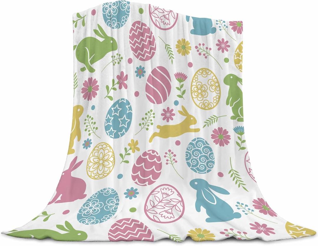 Easter Rabbits Blanket, Spring Easter Colorful Eggs Blanket for Easter Decoration, Cozy Fuzzy Plush Warm Blankets for Couch Sofa Bed 40x50 inch