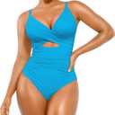 SHAPELLX Tummy Control Swimsuits Women V Neck One Piece Bathing Suit Ruched Push Up Slimming Swimwear Built-in Bra (Blue, L)