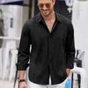 COOFANDY Mens Cuban Guayabera Shirt Casual Button Down Shirts Long Sleeve Summer Beach Shirts (Black, L)