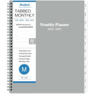 2 x 2026-2027 Monthly Planner/Calendar - 2 Year Planner 2026-2027, Monthly Tabs, 9  11, Jan 2026 - Dec 2027, Hard Cover, Inner Pocket - Grey