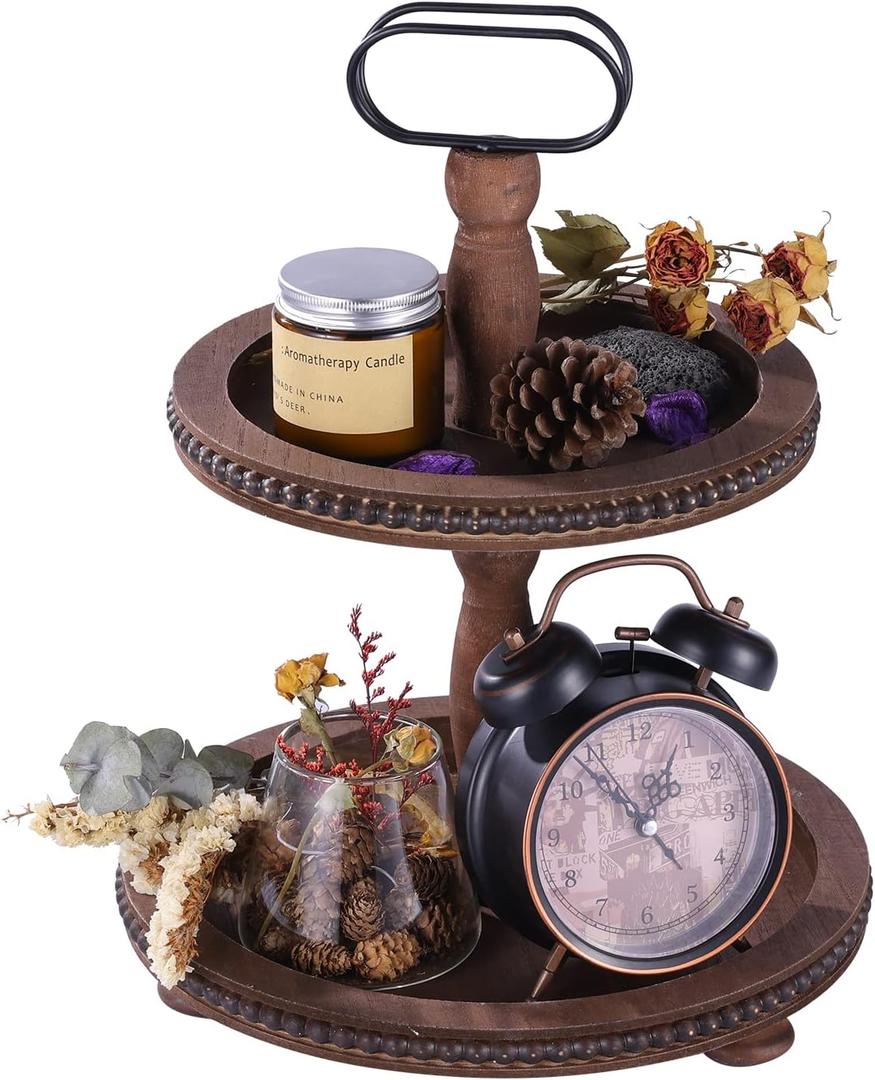Urban Deco Wooden Decorative Tray Two Tiered Tray Decorations Round Serving Tray with Metal Handle, Wooden Cupcake Stand for Party Tiered Dessert Stand - Dark Brown Farmhouse Wood Tray