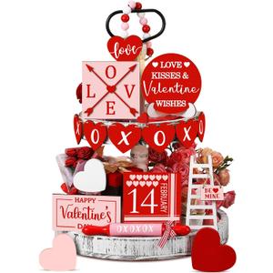 Spiareal 15 Pcs Valentine's Day Tiered Tray Decor Set Red Heart Love Wooden Signs Rustic Farmhouse Tray Signs Valentine Day Table Decorations for Romantic XOXO Home Kitchen Shelf Decor(Red, Pink)