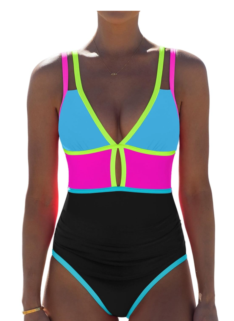 popvil Women One Piece Swimsuit 2025 Tummy Control Sexy Cutout Neon Color Block Bathing Suit Deep V Neck Adjustable Swimwear, Size: L