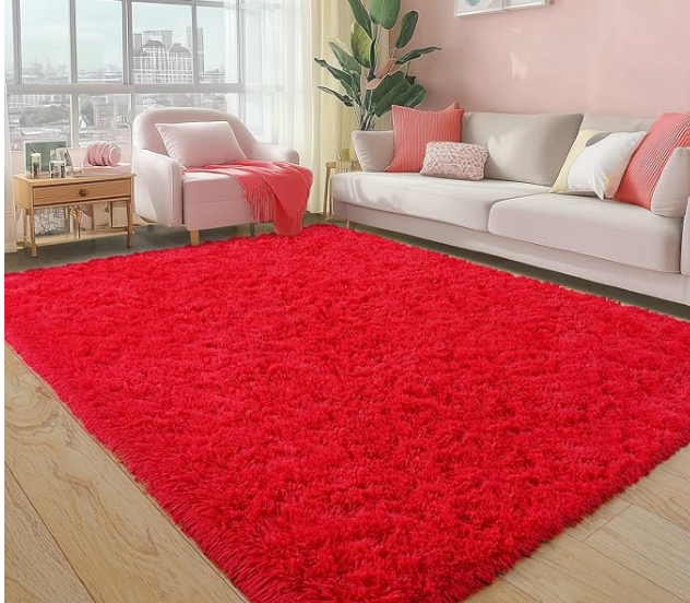 Pionblank Fluffy Area Rug for Bedroom 4x6 Feet, Indoor Plush Carpet, Shag Soft Bedside Rug, Cute Comfy Furry Rug for Living Room Dorm Girls Boys Room Nursery Decor, Red