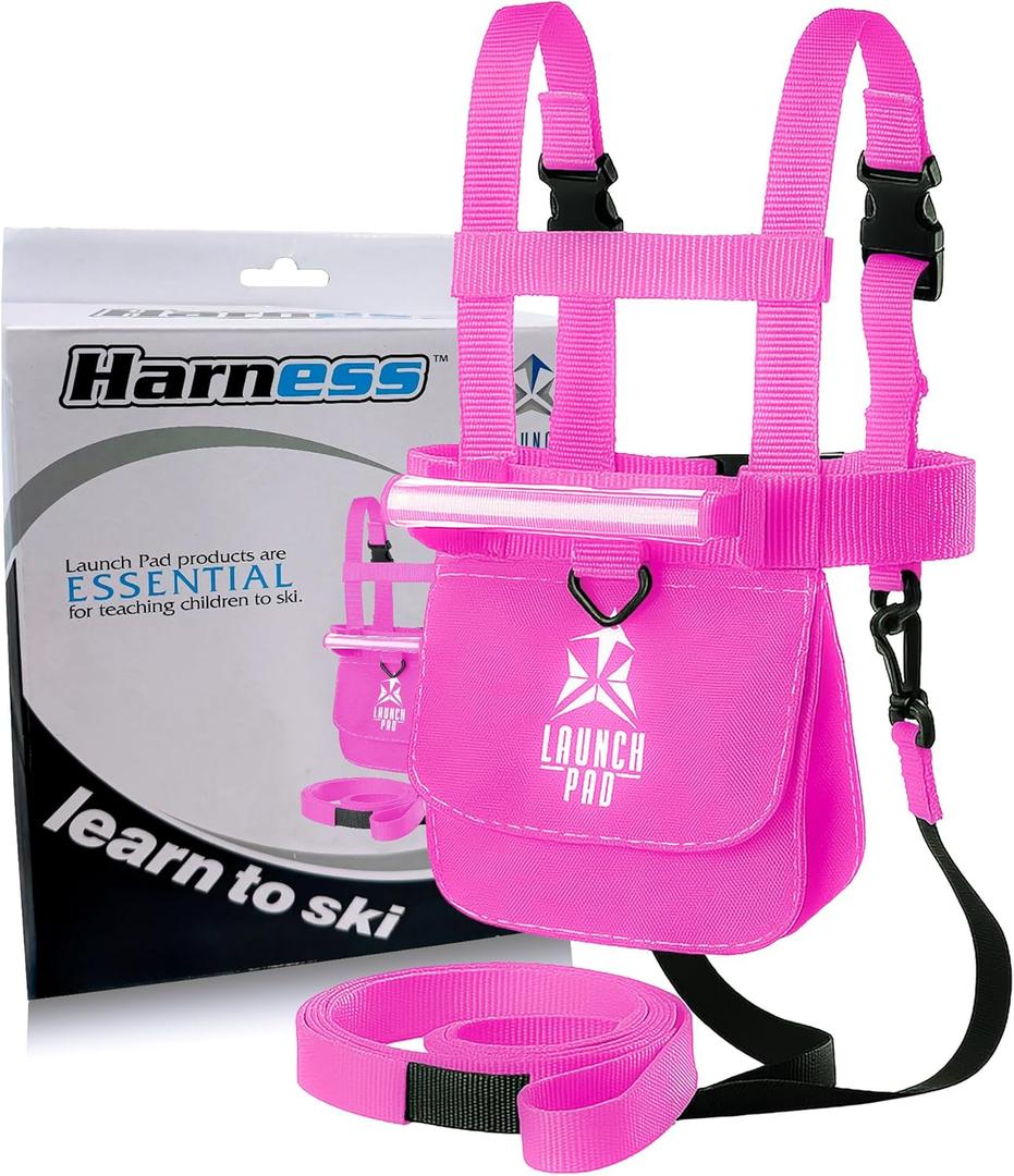Launch Pad Toddler Ski Harness with Leash - Ski Harness for Kid w/ 7' Elasticized Leash, Easy Lift Handle & Built-in Backpack (Pink)