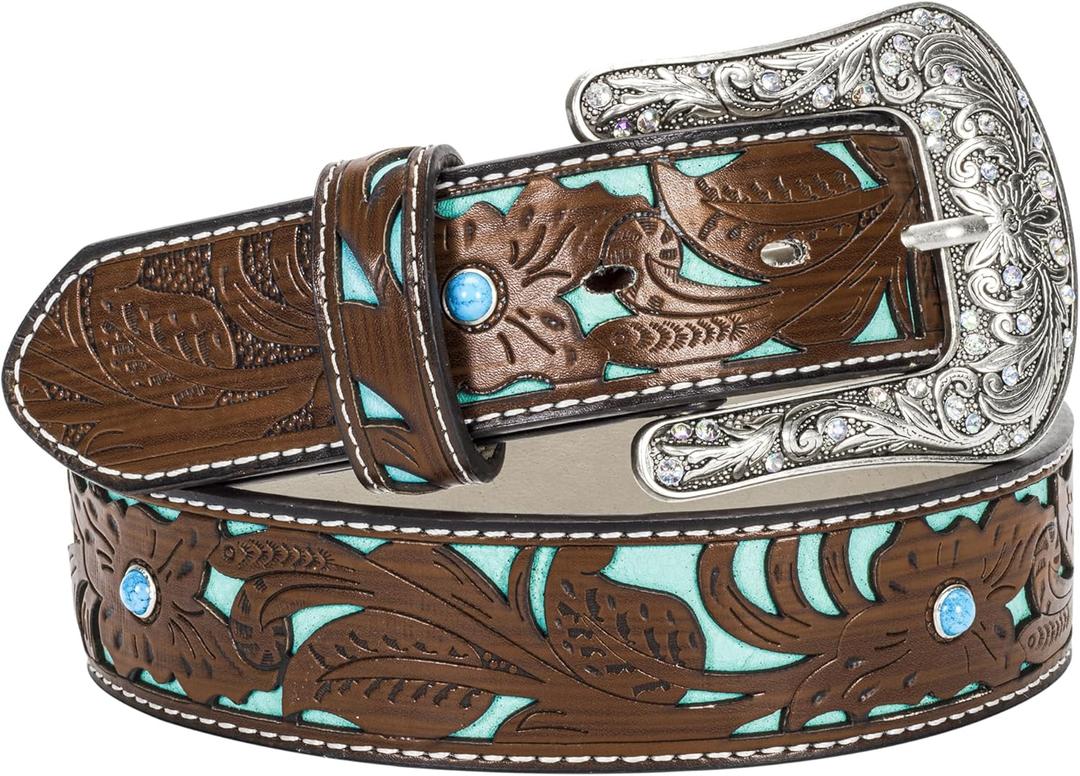 INOGIH Adjustable-Vintage-Western-Cowboy-Belt Women Men - Cowboy-Style Engraved-Buckle Belt for Jeans Pants Dresses (One_Size, Brown/Blue40''l/1.38''w)