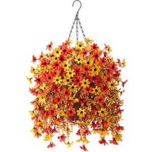 Artificial Fake Spring Hanging Flowers Plants with Basket Outdoor Flower Decor, Faux Silk Colorful Daisy in Metal Coconut Lining Pot Plastic Shrubs Decor Farmhouse Home Garden (Orange Yellow)