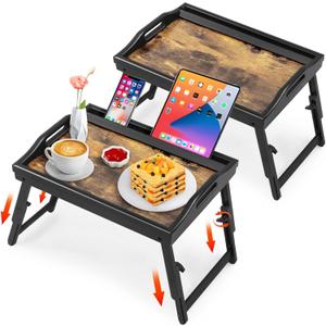 2 Pack Bed Tray Table with Adjustable Legs Breakfast Trays Serving Tray Bamboo Bed Laptap Floding Legs with Handles and Phone Holders