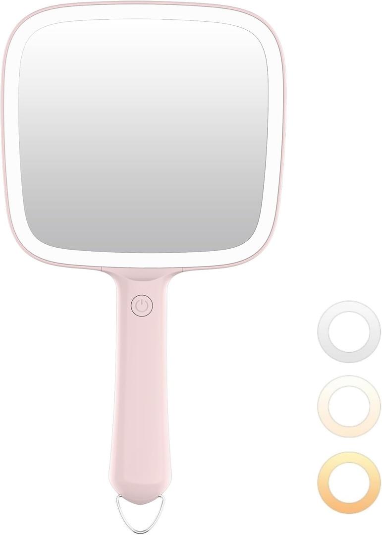 Famihomii Lighted Handheld Mirror, Handheld Mirror with 3 Light Color, Led Hand Mirror for Women, Makeup Mirror with Handle Hole Hanging Portable Travel Vanity for Girls, Battery Operated, Gifts (Pink)