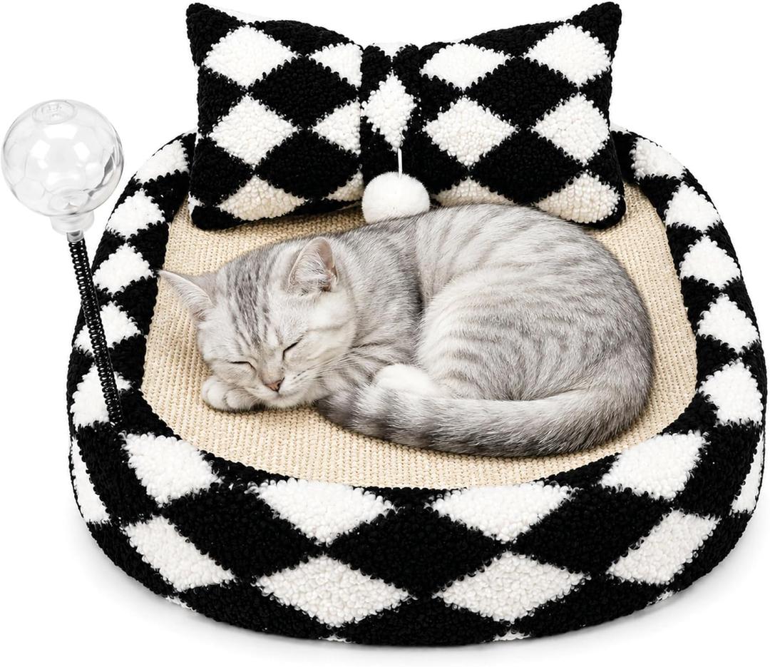 FurSo Cat Bed Scratcher Lounge for Indoor Cats Sisal Scratch Pad with Spring Treat Ball, Plush Pillow & Play Toy | Diamond Design | Protects Furniture