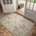 Washable 2x3 Entryway Rug, Boho Non-Slip Door Mat Vintage Distress Small Rugs for Kitchen Nursery Office Bedroom, 0.3" Neutral Oriental Throw Carpet with Cushioning Pad,Beige/Rust/Green/Multi