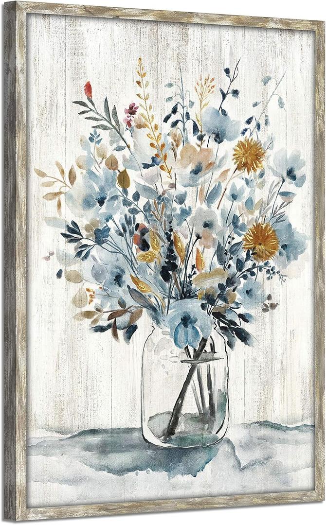 Flower Bouquet Wooden Wall Art: Gray Blue Floral Bouquet in Jar Painting with Gold Foil Artwork Framed for Bedroom (24W x 36H, Multi-Sized)