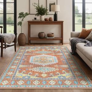 Kokia Area Rugs Living Room 9x12 Ultra-Thin No Pile Washable Maple Red Large Area Rug Bedroom Geometric Tribal Distressed Lightweight Carpet for Dining Room Home Office (Maple/Turquoise/Mustard/Lapis)