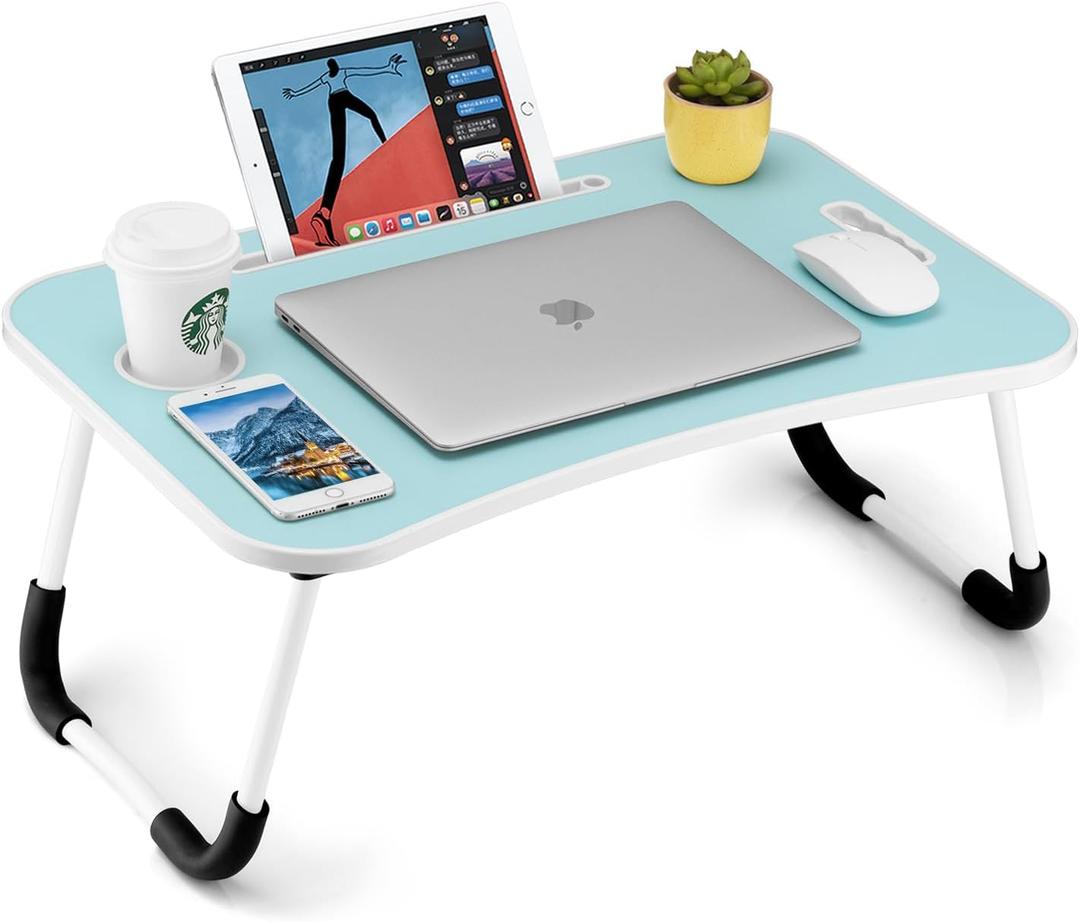 FISYOD Foldable Laptop Table, Portable Lap Desk Bed Table Tray, Laptop Stand with Cup Holder & Tablet Slot & Lifting Handle for Working Writing Drawing & Eating (Blue)