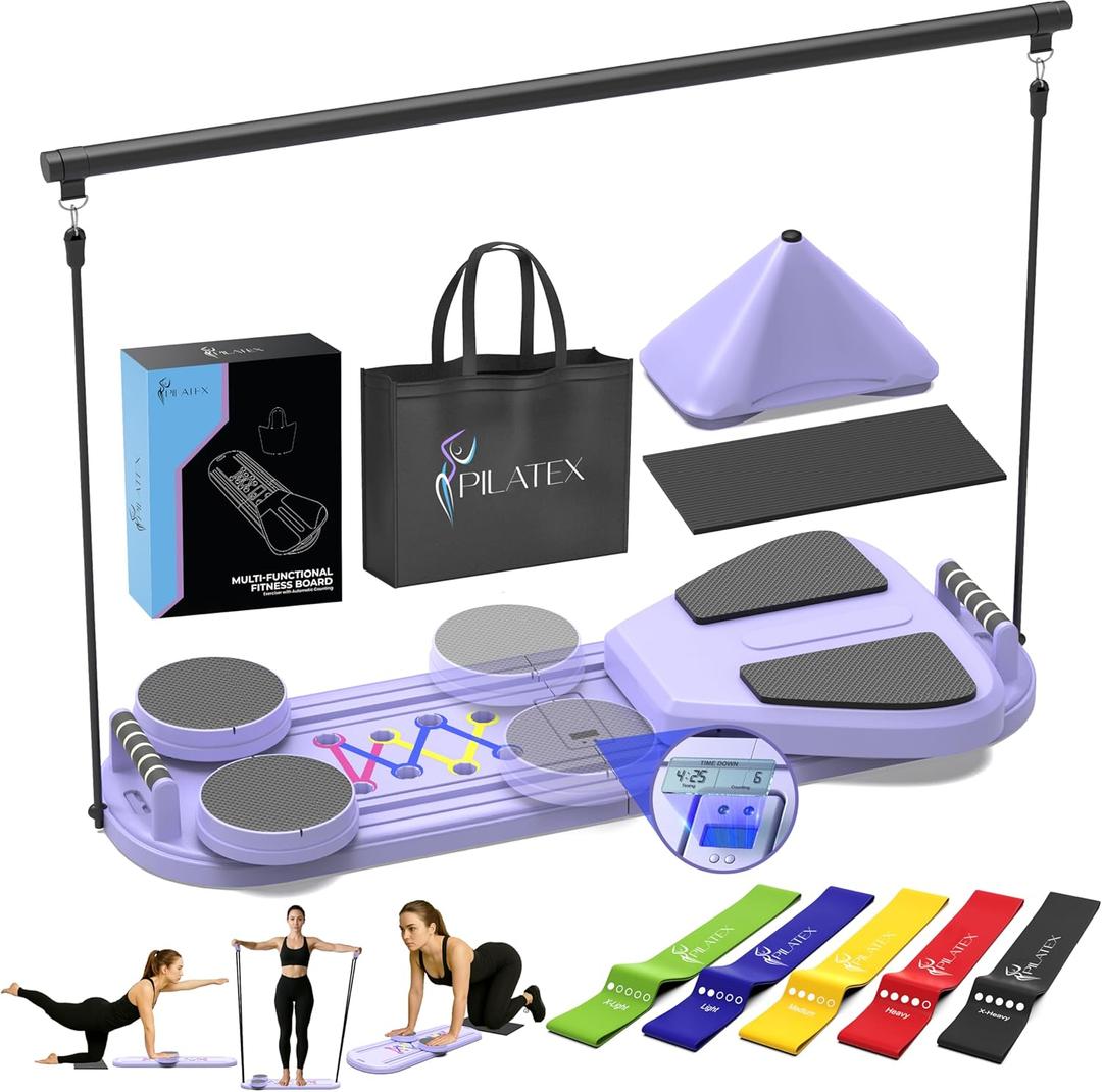 PILATEX Pilates Board  Foldable Pilates Reformer with Resistance Bands, Bar & Travel Bag  Full-Body Strength & Ab Training Equipment for Women & Men, 15 in 1 (Purple)