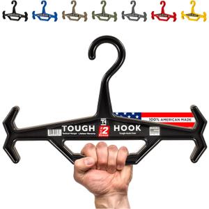 Tough Hook Original Multipurpose Heavy Duty Hanger, USA Made, Anti-Slip, 200 lb Capacity, Ideal for Tactical Gear, Body Armor, Scuba, Fitness Vests, 1 Black Plastic Piece (Pack of 1 (Standard))