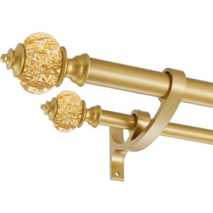 Double Curtain Rods for Windows 72 to 144 Inches, 1 Inch Front and 5/8 Inch Back Heavy Duty Double Curtain Rod, Double Drapery Rod with Stacking Tower Translucent Finials and Aluminum Bracket, Gold