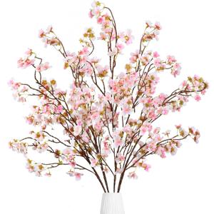 Sggvecsy Artificial Cherry Blossom Flowers 4 Pcs Faux Cherry Blossom Stems Faux Silk Cherry Blossom Branches 41 Fake Flowers Long Stems for Vase Arrangements Home Wedding Table Decor (Pink)