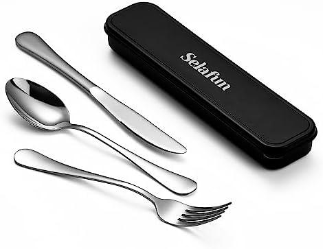 Selafun 4-Piece Travel Set with Case - Portable Silverware Utensils - Stainless Steel Reusable Flatware - Cutlery Set for Camping, Picnic, Hiking, Office - Dishwasher Safe