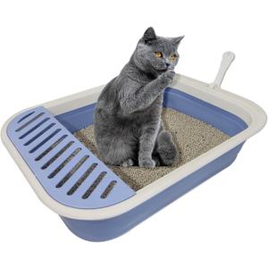 Senior Cat Litter Boxes, Collapsible Open Low Entry Cat Litter Pan with Scoop Travel Kitty Potty Pan Foldable Pet Toilet for Sick Disabled Older Elderly Cats 20.9x15.7x5.7 inch