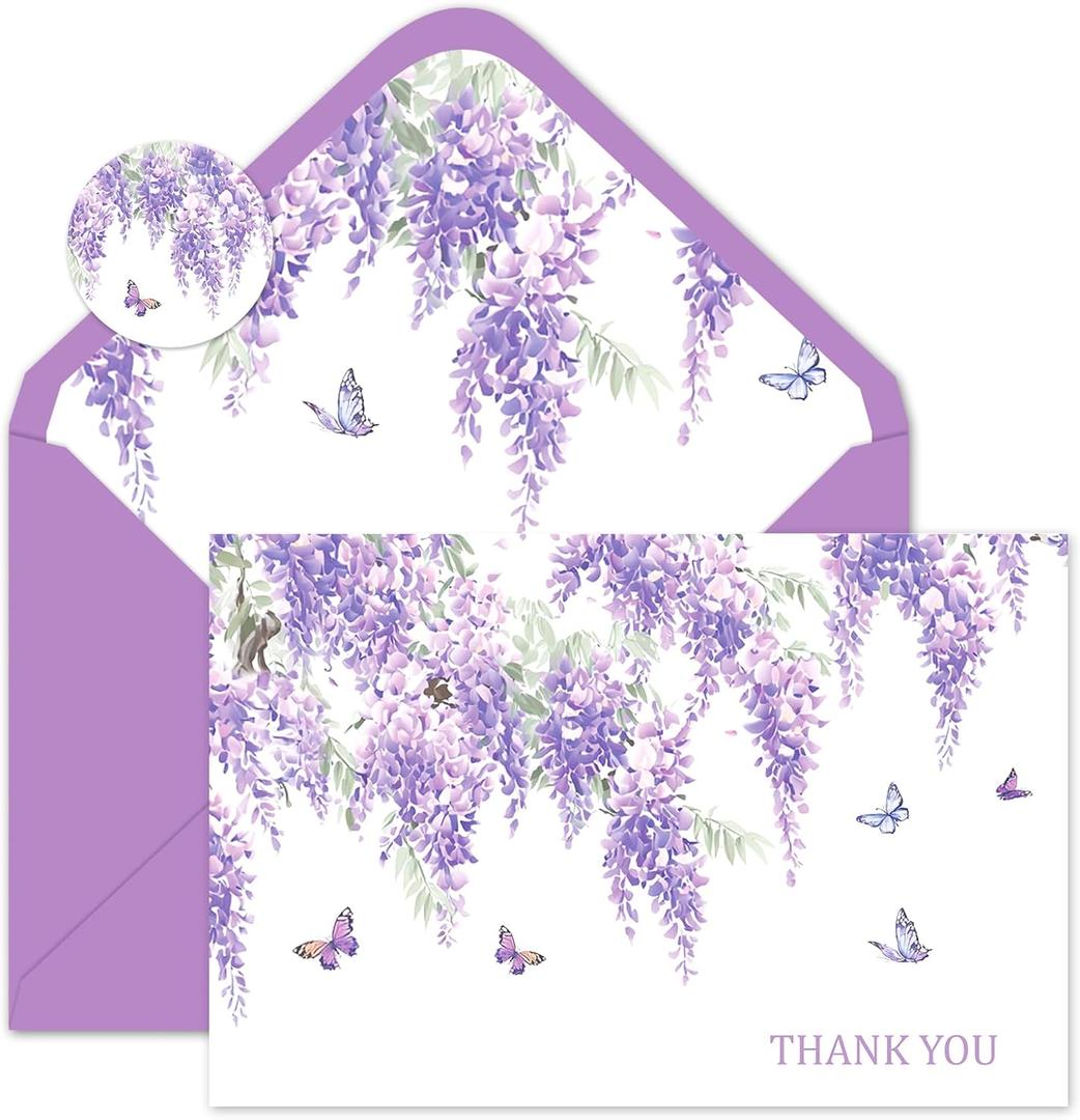 FYSUIMU 24 Pcs Purple Floral Butterfly Thank You Cards Greeting Cards with Envelopes Stickers Lavender Fill in Blank Note Card for Spring Summer Wedding Bridal Baby Shower Birthday Party, 4 x 6 Inch
