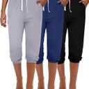 Ficerd 3 Pcs Women's Capri Sweatpants Joggers Summer Casual Sports Cropped Lounge Pants High Waisted Athletic with Pockets (Black, M)