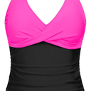Tempt Me Women Pink Black Tummy Control One Piece Swimsuits with Shorts Boyleg Retro Bathing Suit Halter Swimwear L