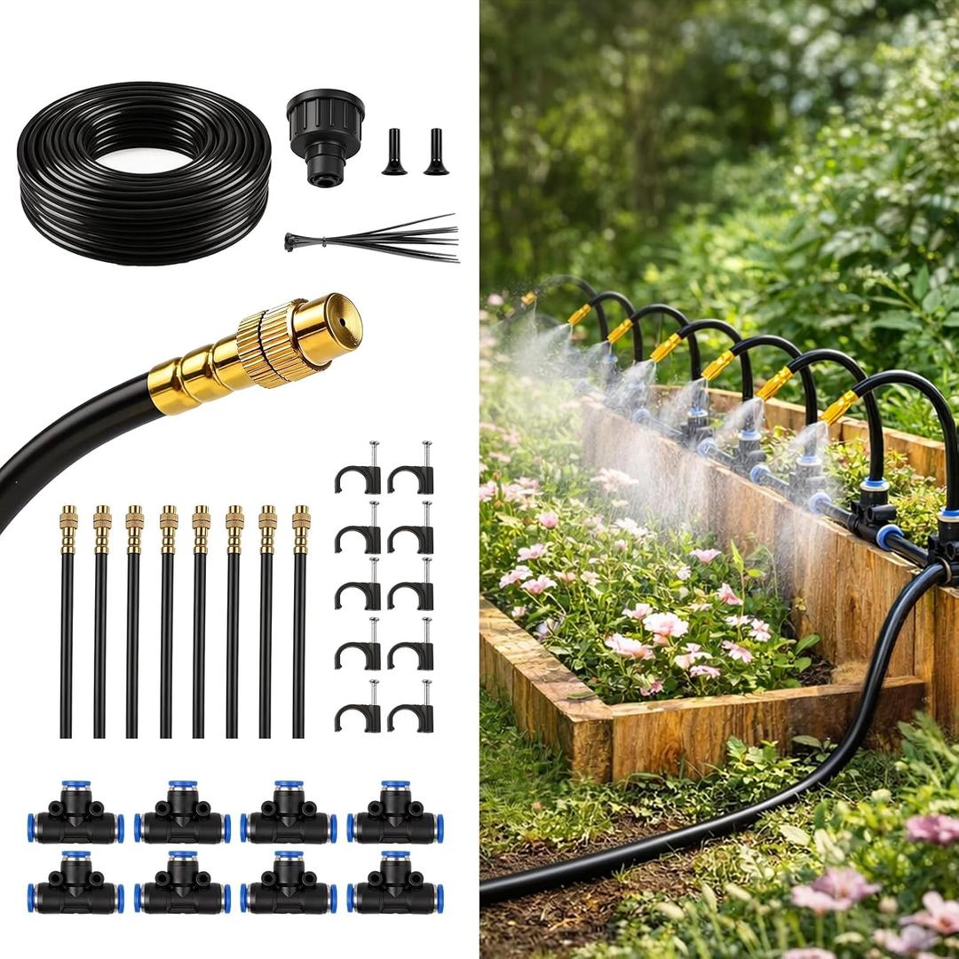 50FT Drip Irrigation Kit, 360 Adjustable Garden Watering System with 1/4" Tubing, Brass Misting Nozzles, DIY Irrigation System for Plants, Raised Beds, Greenhouse