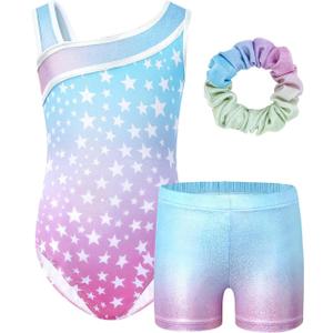 JiAmy Girls Gymnastics Leotards, Glitter Ballet Dance Unitards Biketards Activewear with Short & Hairband for Kids (8-9 Years, Gradient Blue Stars Set)