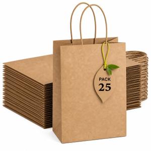 100 pcs Brown Paper Gift Bags with Handles 8x4.5x10 Brown Kraft Paper Bags, Party Favor Bags Sacks, Recyclable Medium Gift Bags with Handles Bulk