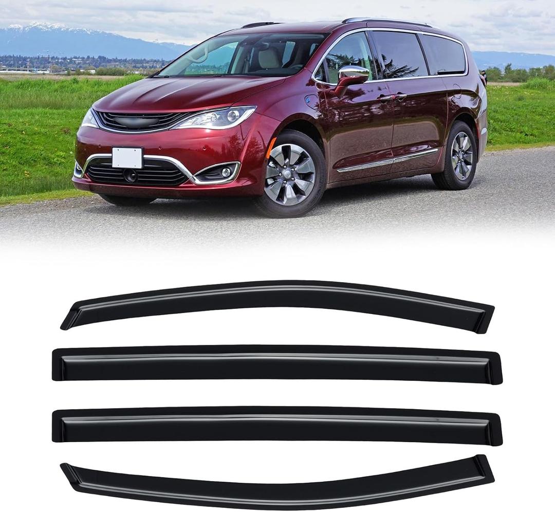 Rain Guards for 2017-2025 Chrysler Pacifica, Out-Channel Window Visor Shields Vent Deflector Shade Wind Dark Smoke 2018 2019 2020 2021 2022 2023 2024 18 19 20 21 22 23 24, Tape-On Outside-Mount, 4PCS