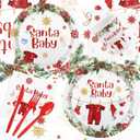 MEHOFOND 193pcs Winter Santa Baby Shower Party Decorations, Christmas Baby Shower Paper Plates Napkins and Cups, Santa Baby Tablecloth, Snowflake Xmas Party Supplies, Serve 24