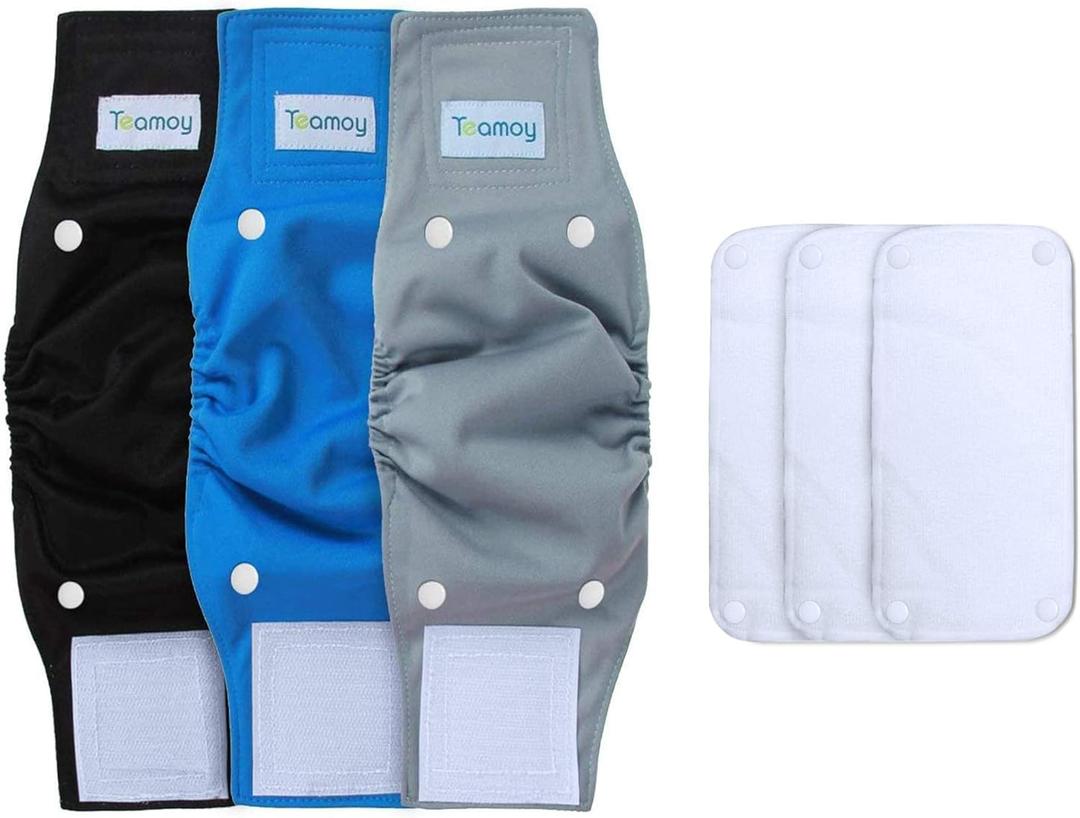 Teamoy Belly Bands for Male Dogs with Removable Pads, Reusable Washable Puppy Dog Diaper Wraps(Pack of 3), S (Gray+black+blue(white Lining))