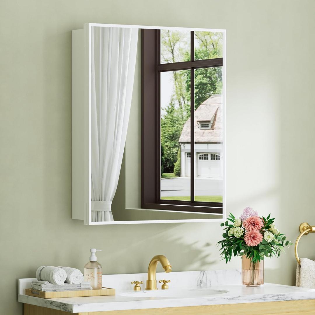 Buruis 24 x 30 Inch Framed Medicine Cabinet Mirror, Recessed/Wall Mounted, 24 x 30 inch Single Door