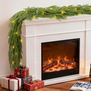 2 Pcs 9 FT Christmas Garland with Lights Real Touch Norfolk Pine Garlands Christmas Artificial Greenery Wreath with String Lights for Mantle Fireplace Stairs Table Indoor Outdoor Decorations