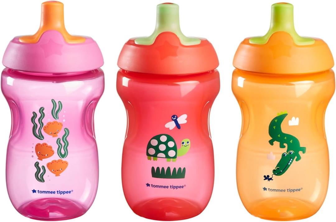 Tommee Tippee Sporty Bottle, 10oz Sippy Cups for Toddlers 13, SpillProof, Bite Resistant Spout, Easy to Hold Design, BPA Free, Pack of 2, Pink, Red and Orange