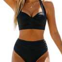 Tempt Me Women Two Piece Swimsuit High Waisted Bikini Halter Vintage Retro Bathing Suit Push up Swimwear (Black, S)