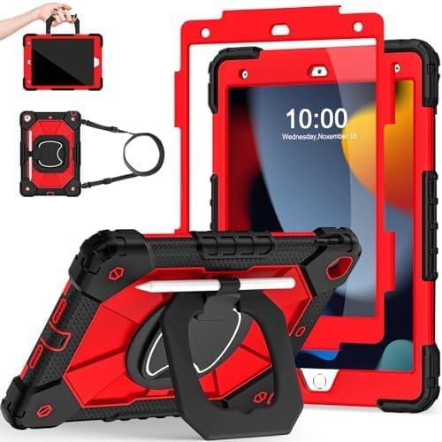 Scnioy Case for iPad 9th Generation iPad Case 9th 8th 7th Generation iPad 10.2 Inch iPad 9th Gen Cover with Screen Protector Pen Holder TabletCases 360 Rotating Stand, Black Red