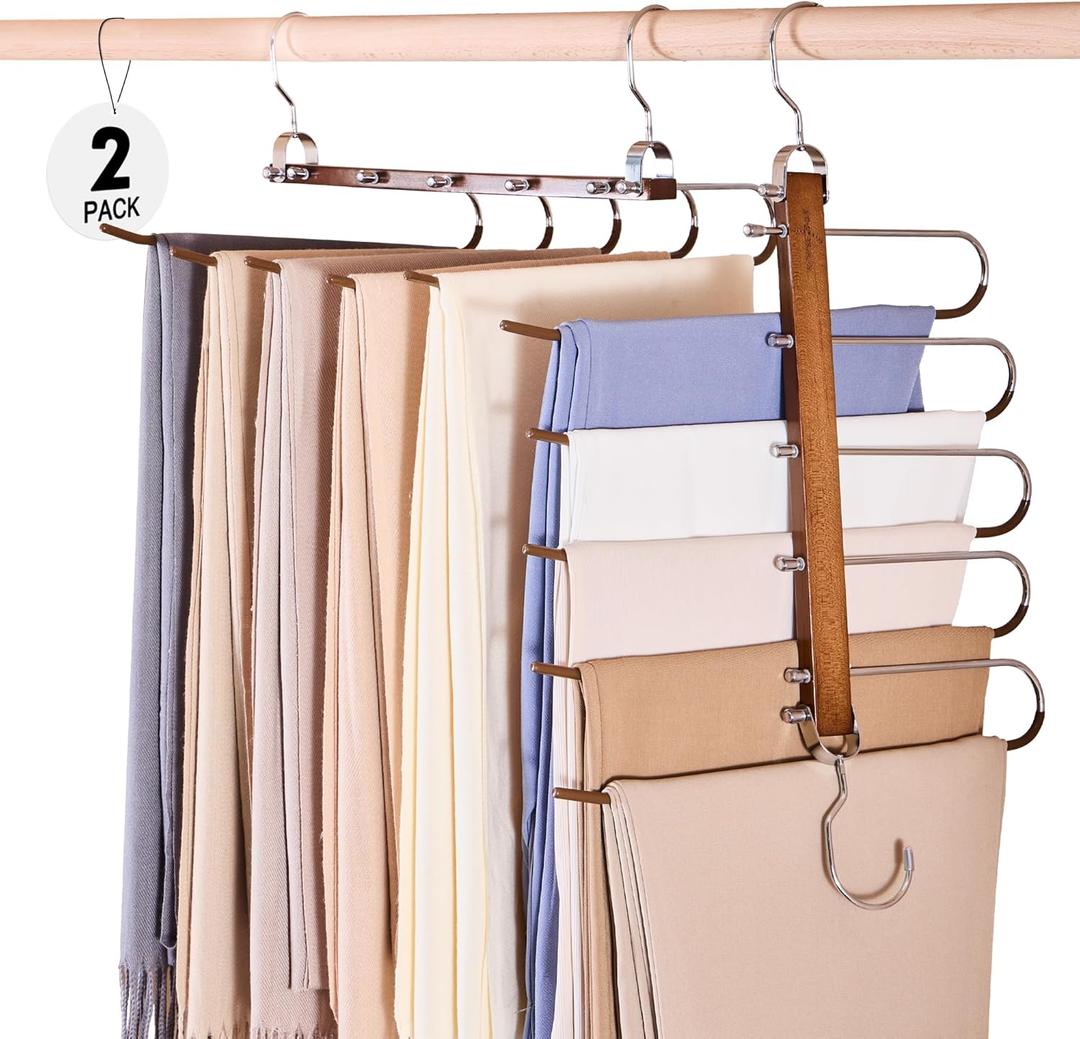 HOUSE DAY Pants Hangers Space Saving, Wood Jean Hangers for Closet, Non Slip Multi functional Pants Rack Hanger Multiuse Pant Organizer For Closet Space Saving Hangers for Pants, Scarfs (2PACK,Walnut)