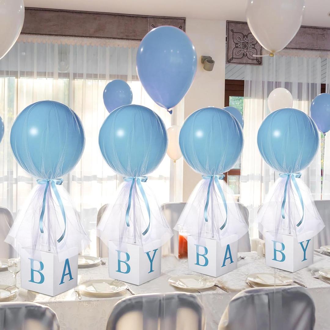 Wettarn 4 Set Blue Boy Baby Shower Table Centerpiece Decor 24'' Tulle Tutu Balloon with Letter Boxes Gender Reveal Centerpiece Balloon with White Tulle Cover, Stand, Boxes for Girl Boy Birthday Party