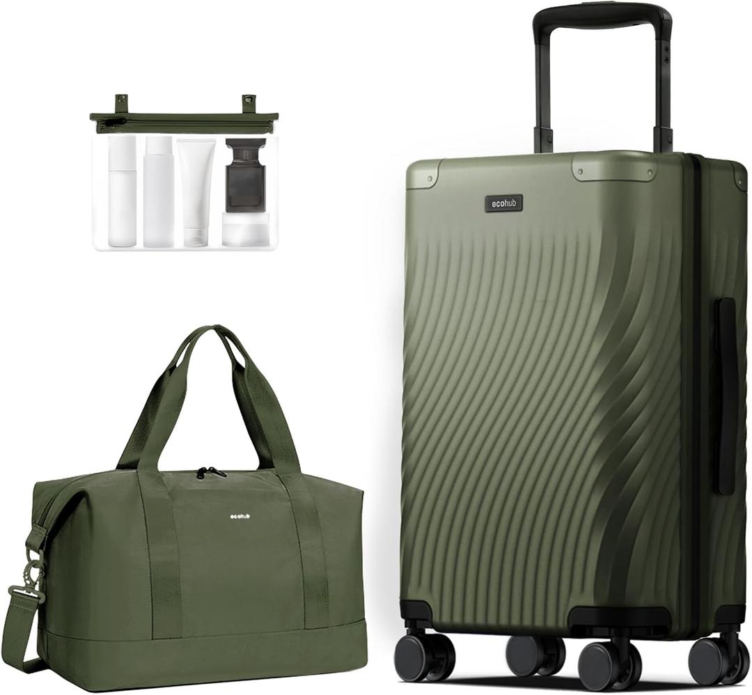 ECOHUB Hardside Expandable Carry On Luggage, 20" Rolling Luggage 22x14x9 Airline Approved with Spinner Wheels & TSA Lock, Lightweight Small Hardshell Travel Suitcase Valises, 20inch Carry-on Green, 20 inch + Duffel
