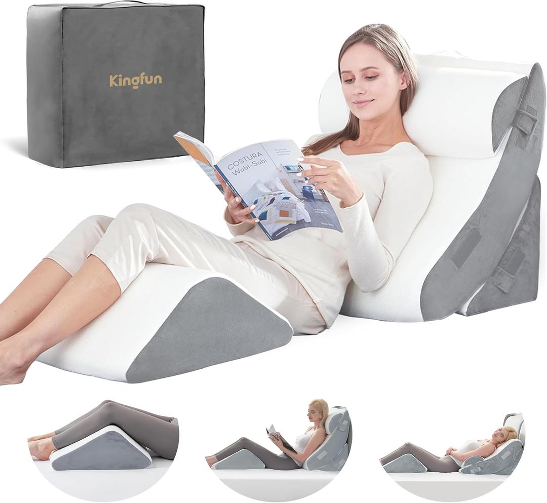 Kingfun 4pcs Orthopedic Bed Wedge Pillow Set for Post Surgery, Memory Foam for Sleeping, Adjustable Leg, Back and Arm Support, Sitting Up and Rest Pillow with Travel Bag (White)
